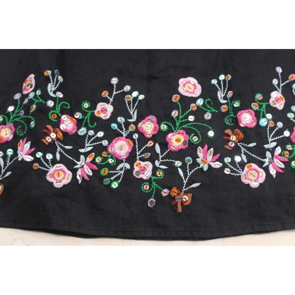 Carole Little Linen Skirt Wms 8 Black Floral‎ Embroidered Sequin A-Line Boho Y2K